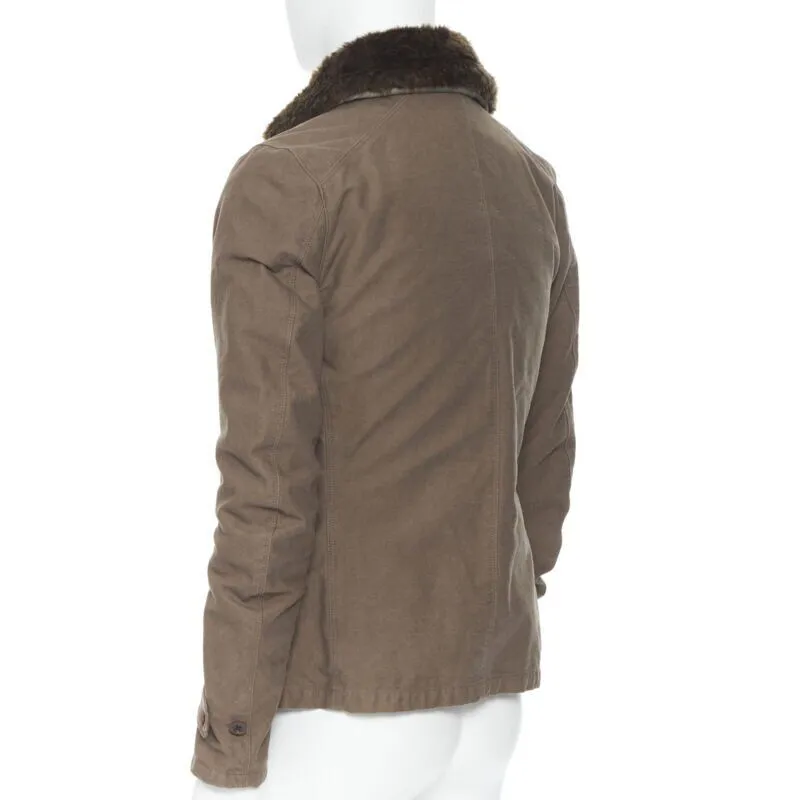 WJK brown faux shearling lined spread collar green washed cotton flight jacket M