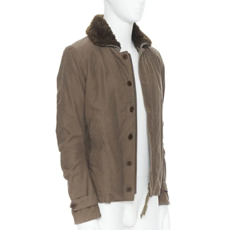 WJK brown faux shearling lined spread collar green washed cotton flight jacket M