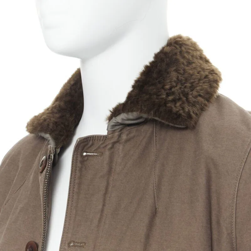 WJK brown faux shearling lined spread collar green washed cotton flight jacket M