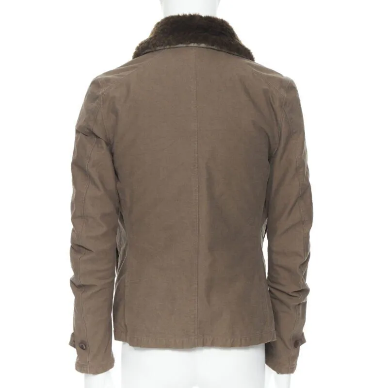 WJK brown faux shearling lined spread collar green washed cotton flight jacket M