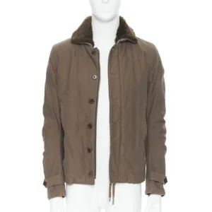 WJK brown faux shearling lined spread collar green washed cotton flight jacket M