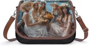 Woman Eating Pasta on Lake Crossbody Bags for Women PU Leather Tote Bag Purse Shoulder Bag for Travel Office