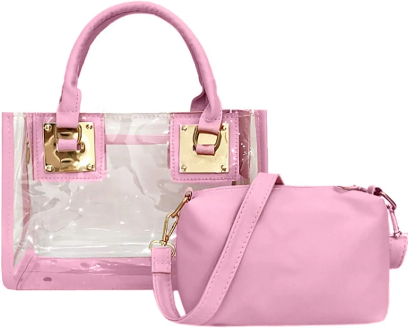 Women 2Pcs Small Tote Clear Shoulder Top-handle Bag PVC Satchel Candy Handbag Clutch Purse Wallet