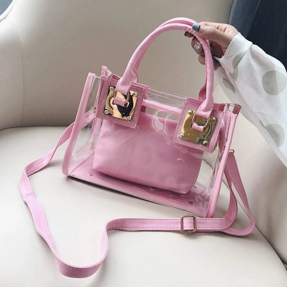 Women 2Pcs Small Tote Clear Shoulder Top-handle Bag PVC Satchel Candy Handbag Clutch Purse Wallet