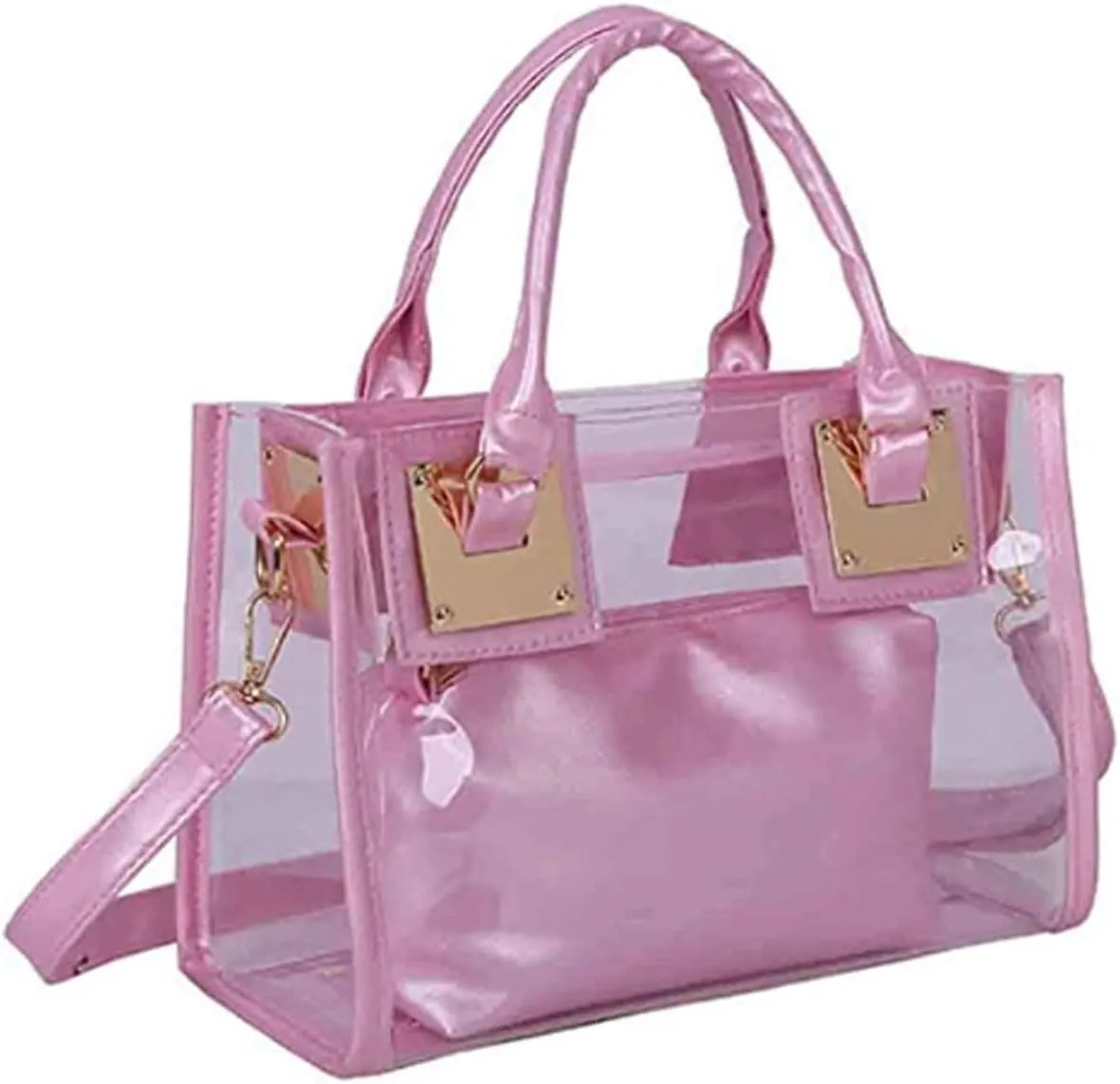 Women 2Pcs Small Tote Clear Shoulder Top-handle Bag PVC Satchel Candy Handbag Clutch Purse Wallet