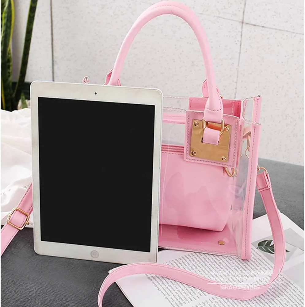 Women 2Pcs Small Tote Clear Shoulder Top-handle Bag PVC Satchel Candy Handbag Clutch Purse Wallet