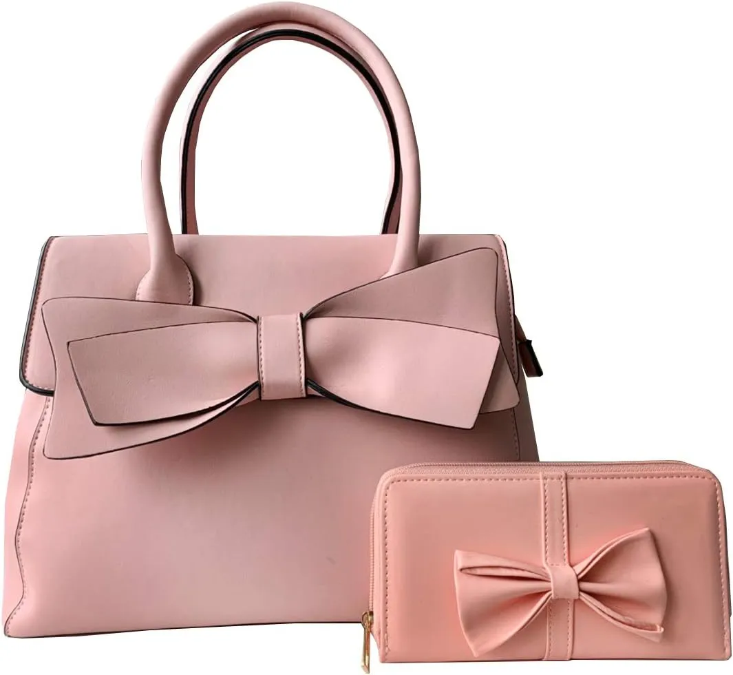 Women Handbag 2 Pcs Set Big Bow-Knot PU Leather Top Handle Bag Designer Tote Bag Clutch Wallet Set for Ladies