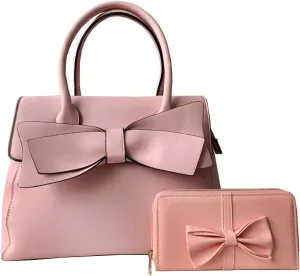Women Handbag 2 Pcs Set Big Bow-Knot PU Leather Top Handle Bag Designer Tote Bag Clutch Wallet Set for Ladies