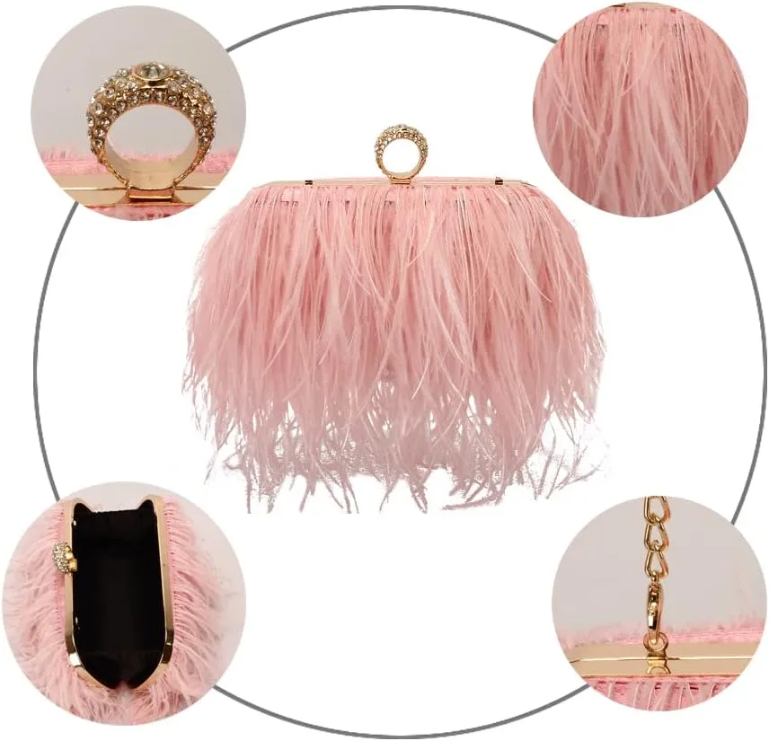 Women Real Natural Ostrich Feather Evening Bags Purses Clutch Vintage Banquet Handbag
