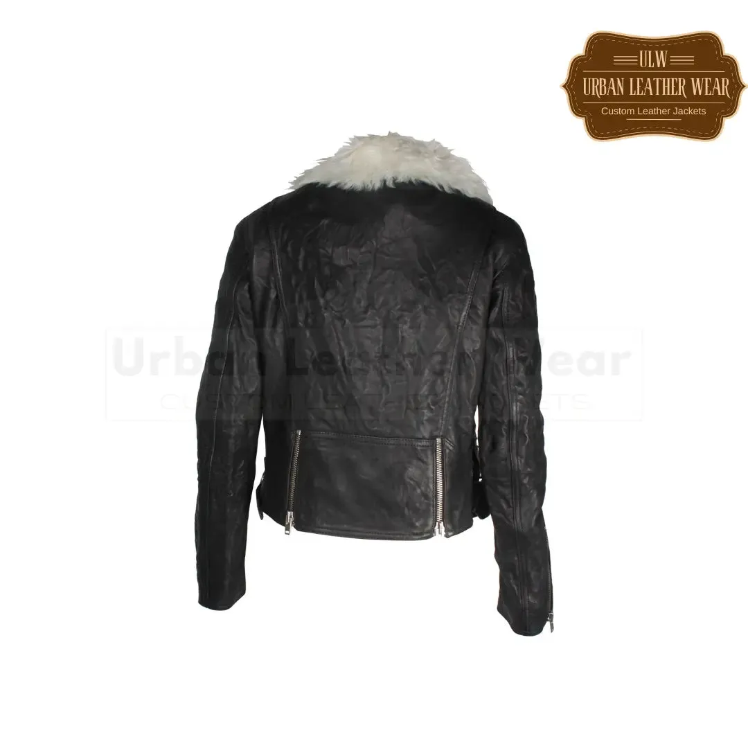 Women Shearling Trimmed Textured Leather Biker Jacket