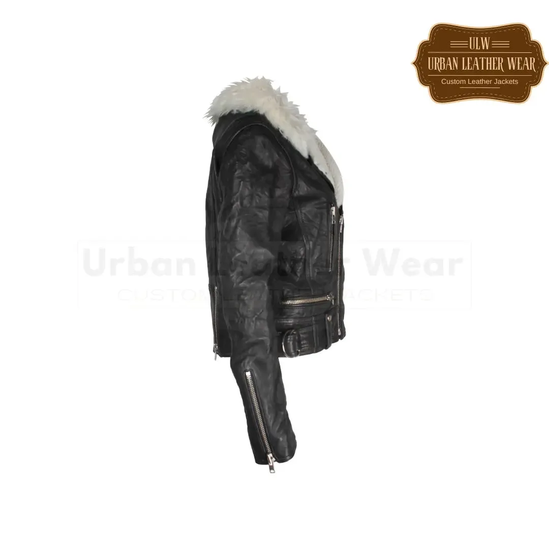 Women Shearling Trimmed Textured Leather Biker Jacket