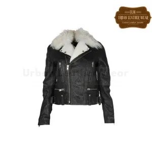 Women Shearling Trimmed Textured Leather Biker Jacket