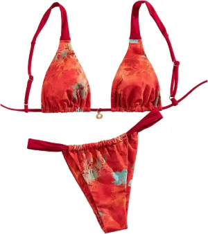 Women's 2 Piece Floral Tropical Print Bikini Set Boho Triangle Bathing Suit Tie Backless Swimsuit Sets
