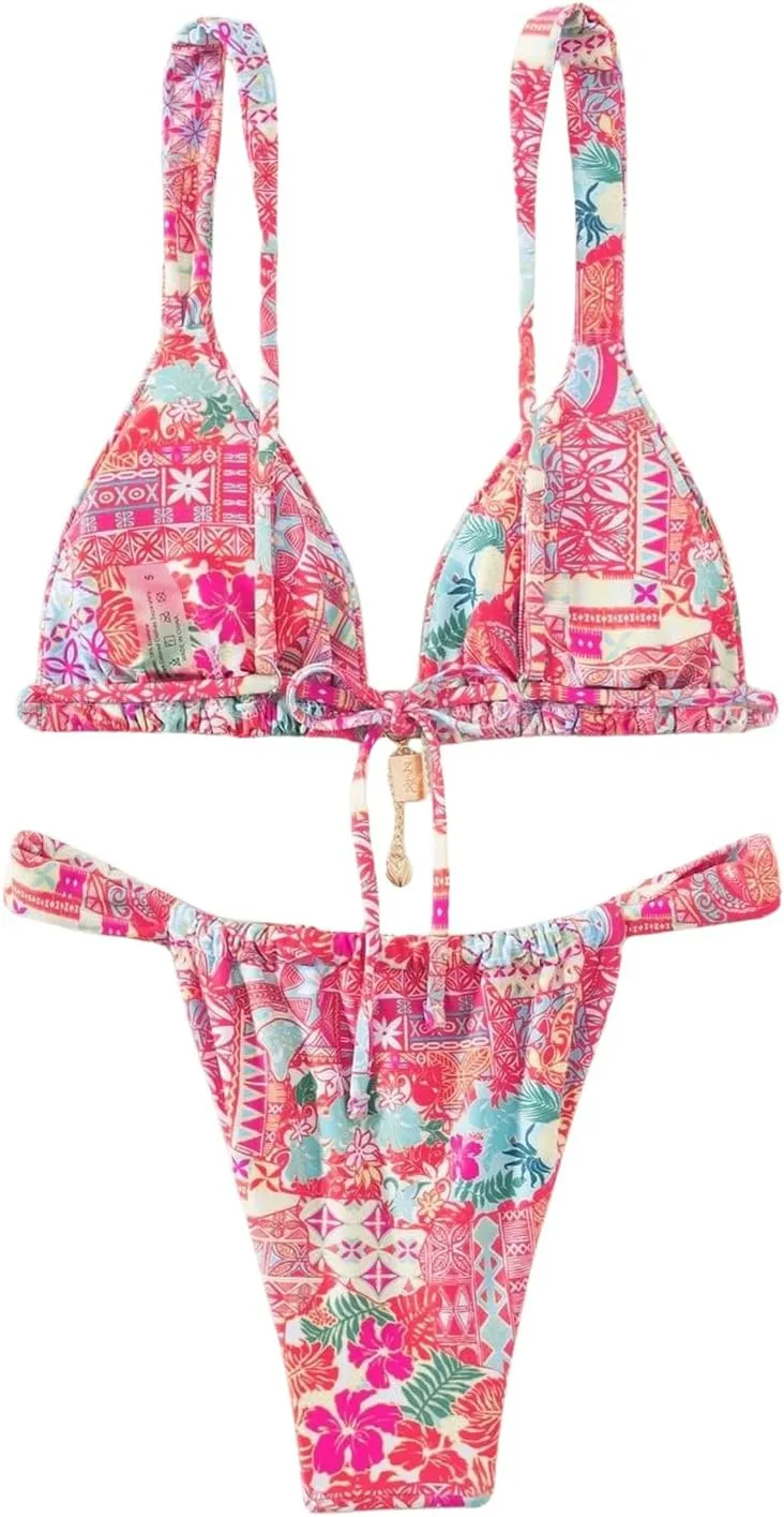 Women's 2 Piece Floral Tropical Print Bikini Set Boho Triangle Bathing Suit Tie Backless Swimsuit Sets