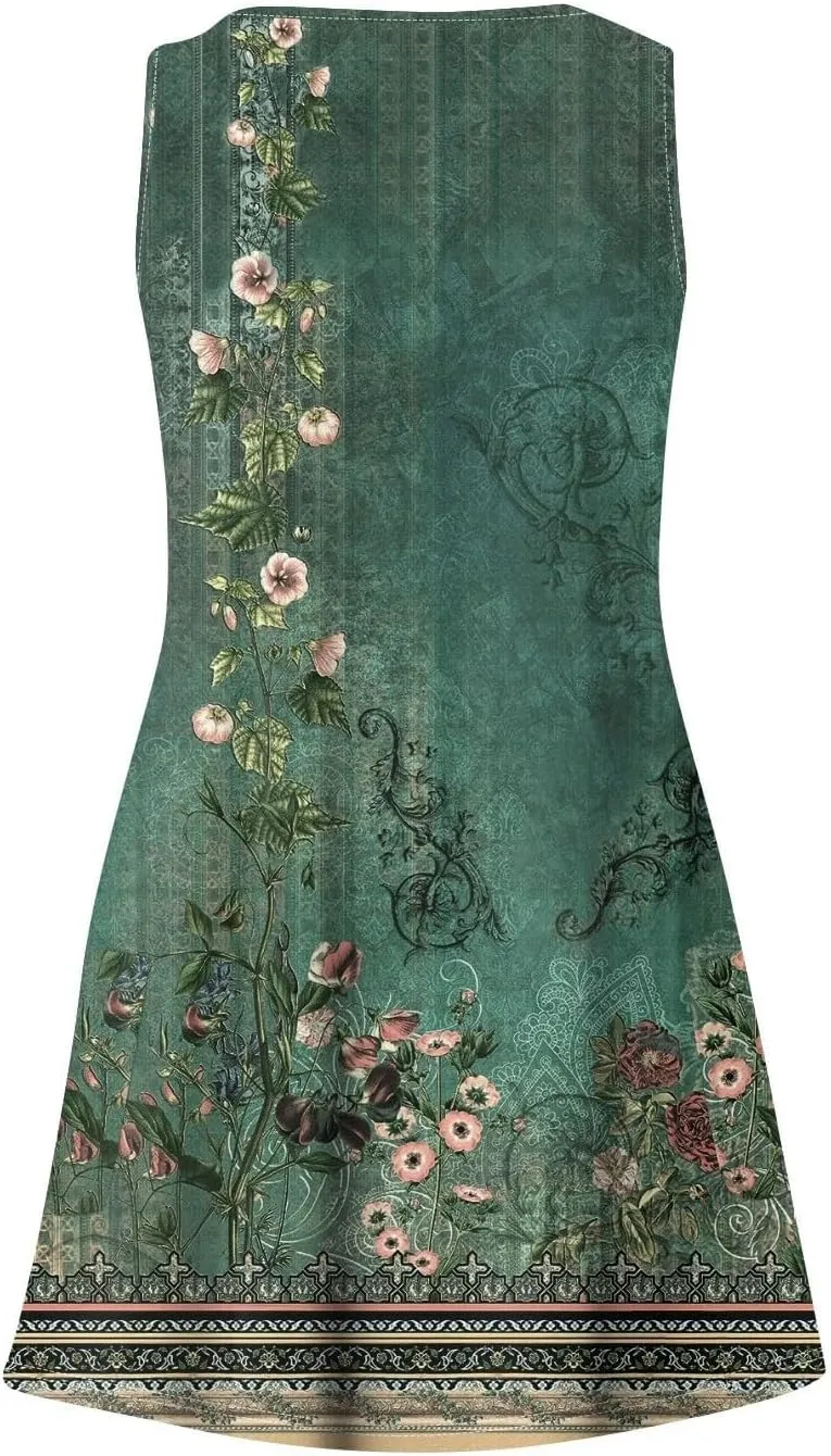 Womens 2025 Summer Midi Dress Sleeveless Boho Floral Printed V Neck Spaghetti Strap Beach Long Dress with Pockets