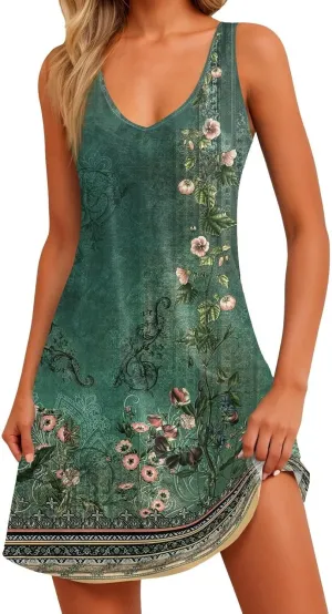 Womens 2025 Summer Midi Dress Sleeveless Boho Floral Printed V Neck Spaghetti Strap Beach Long Dress with Pockets