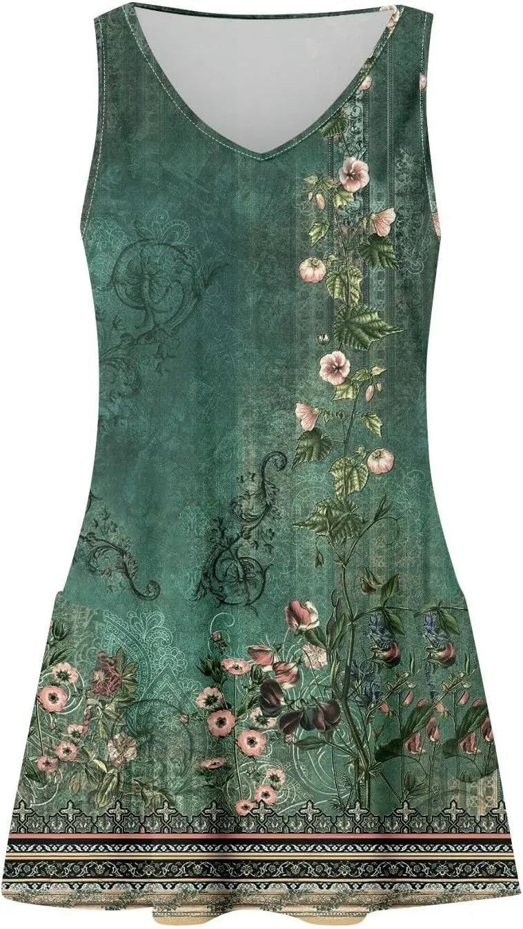 Womens 2025 Summer Midi Dress Sleeveless Boho Floral Printed V Neck Spaghetti Strap Beach Long Dress with Pockets
