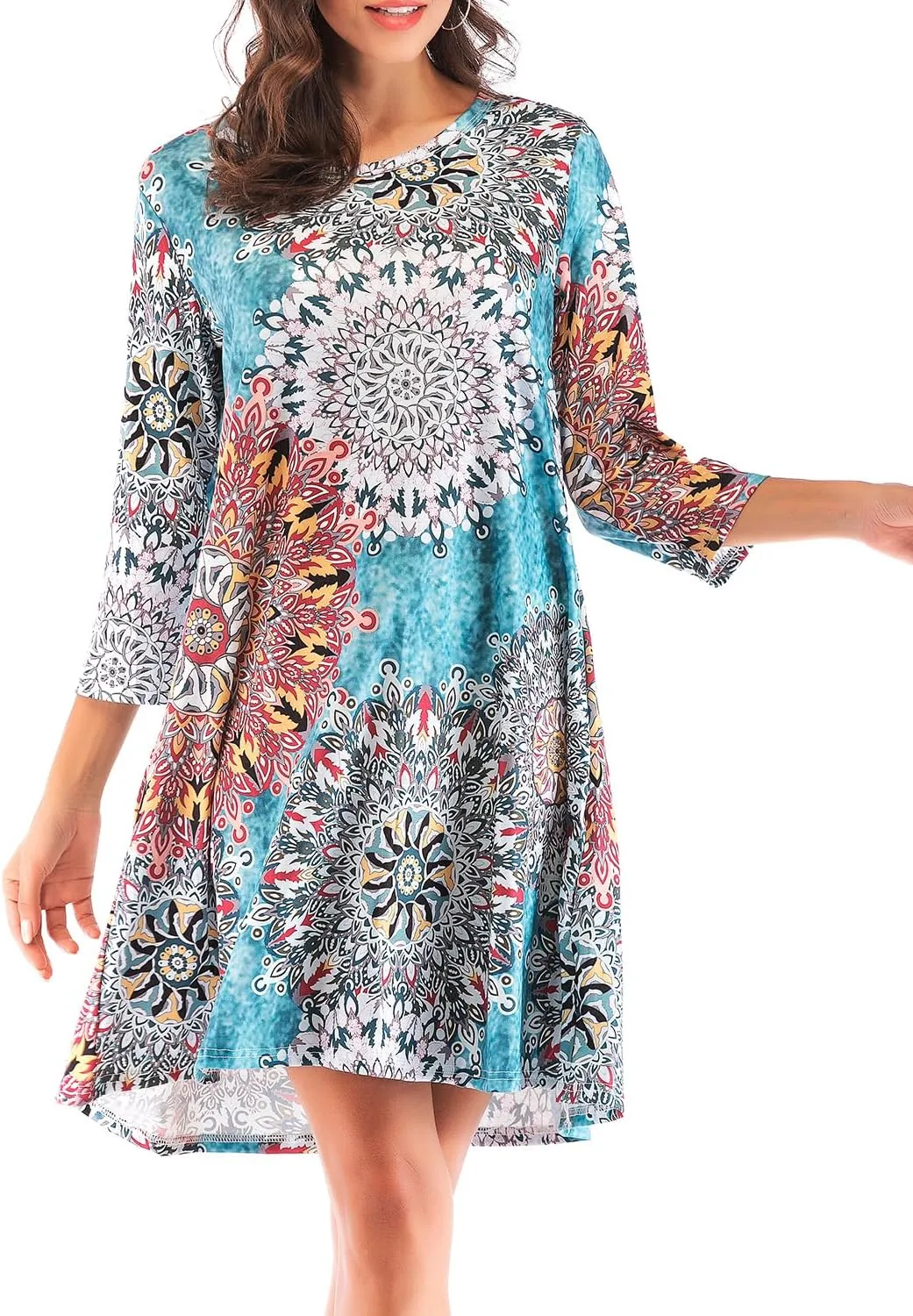 Women's 3/4 Sleeve Damask Floral Printed Tunic Dress Bohemian Swing Casual Midi Dress With Pocket Tunic Blouses For Leggings