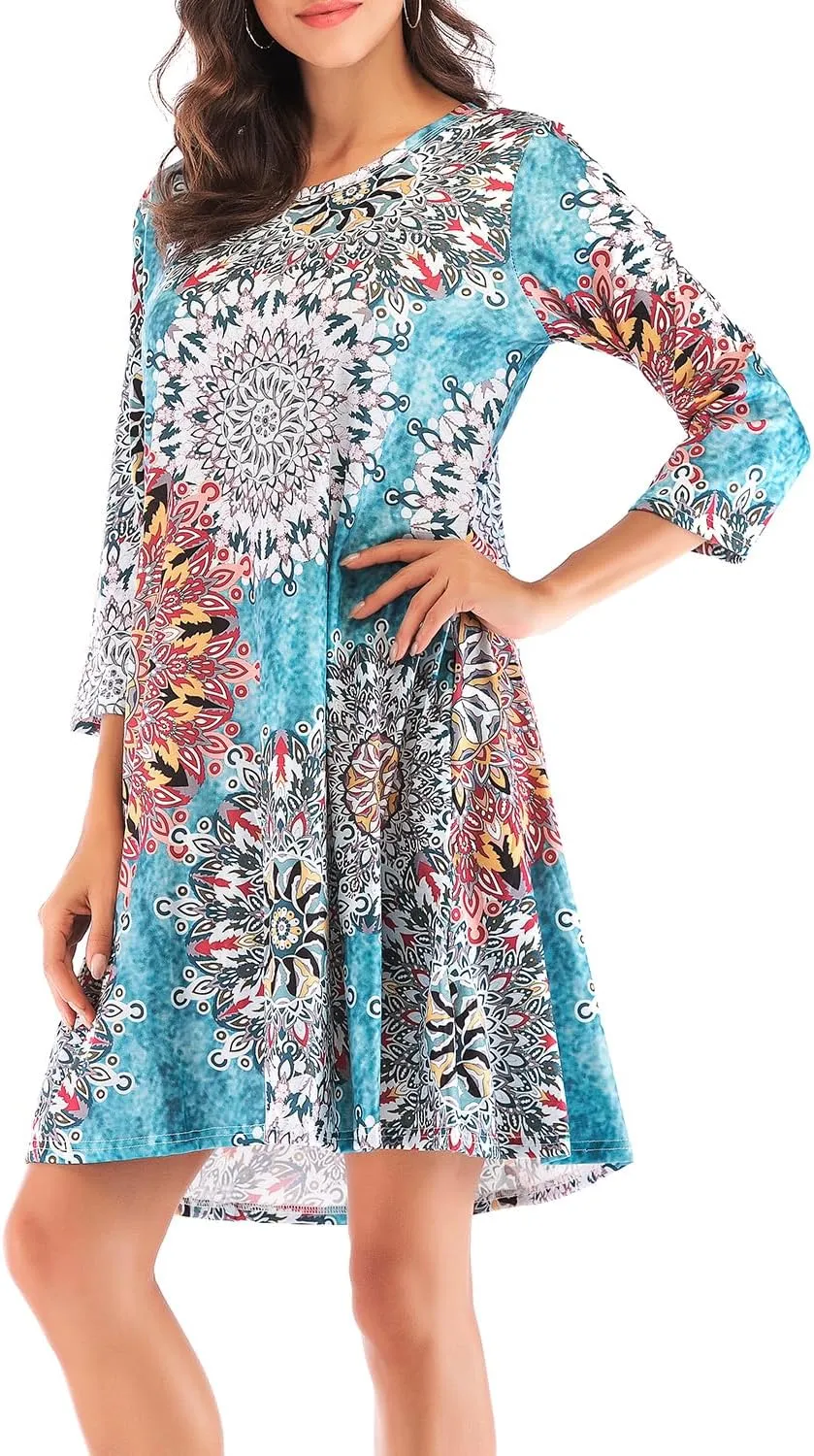 Women's 3/4 Sleeve Damask Floral Printed Tunic Dress Bohemian Swing Casual Midi Dress With Pocket Tunic Blouses For Leggings