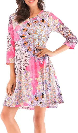 Women's 3/4 Sleeve Damask Floral Printed Tunic Dress Bohemian Swing Casual Midi Dress With Pocket Tunic Blouses For Leggings