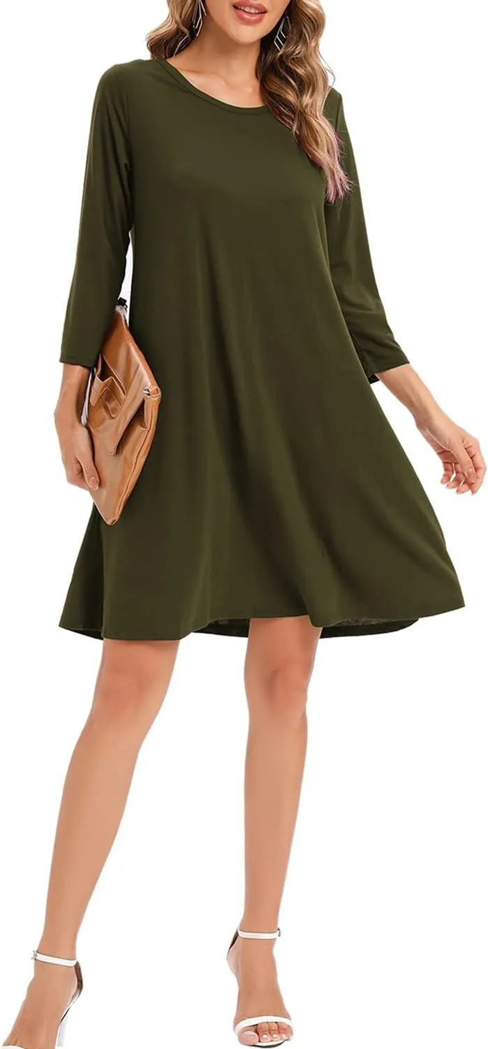 Women's 3/4 Sleeve Damask Floral Printed Tunic Dress Bohemian Swing Casual Midi Dress With Pocket Tunic Blouses For Leggings
