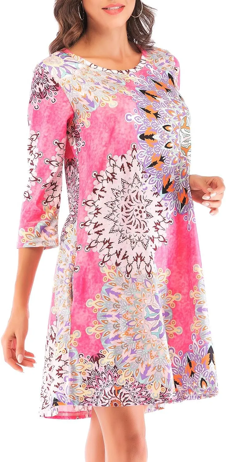 Women's 3/4 Sleeve Damask Floral Printed Tunic Dress Bohemian Swing Casual Midi Dress With Pocket Tunic Blouses For Leggings