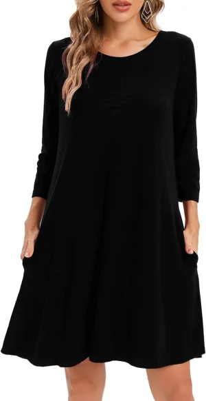 Women's 3/4 Sleeve Damask Floral Printed Tunic Dress Bohemian Swing Casual Midi Dress With Pocket Tunic Blouses For Leggings