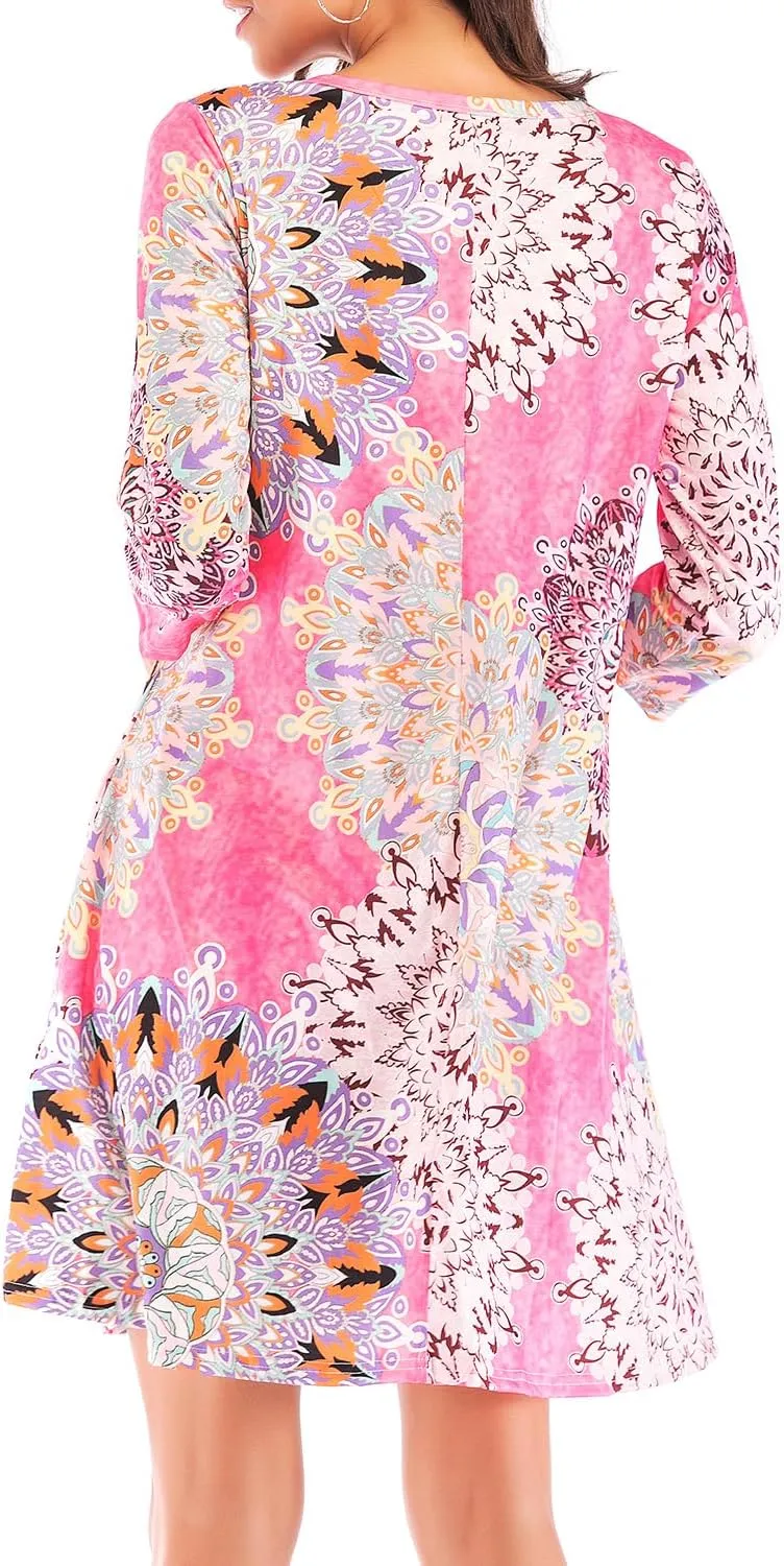 Women's 3/4 Sleeve Damask Floral Printed Tunic Dress Bohemian Swing Casual Midi Dress With Pocket Tunic Blouses For Leggings
