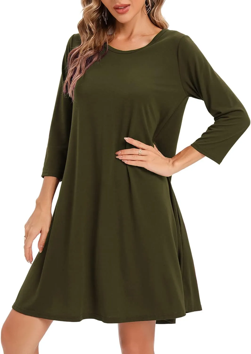 Women's 3/4 Sleeve Damask Floral Printed Tunic Dress Bohemian Swing Casual Midi Dress With Pocket Tunic Blouses For Leggings