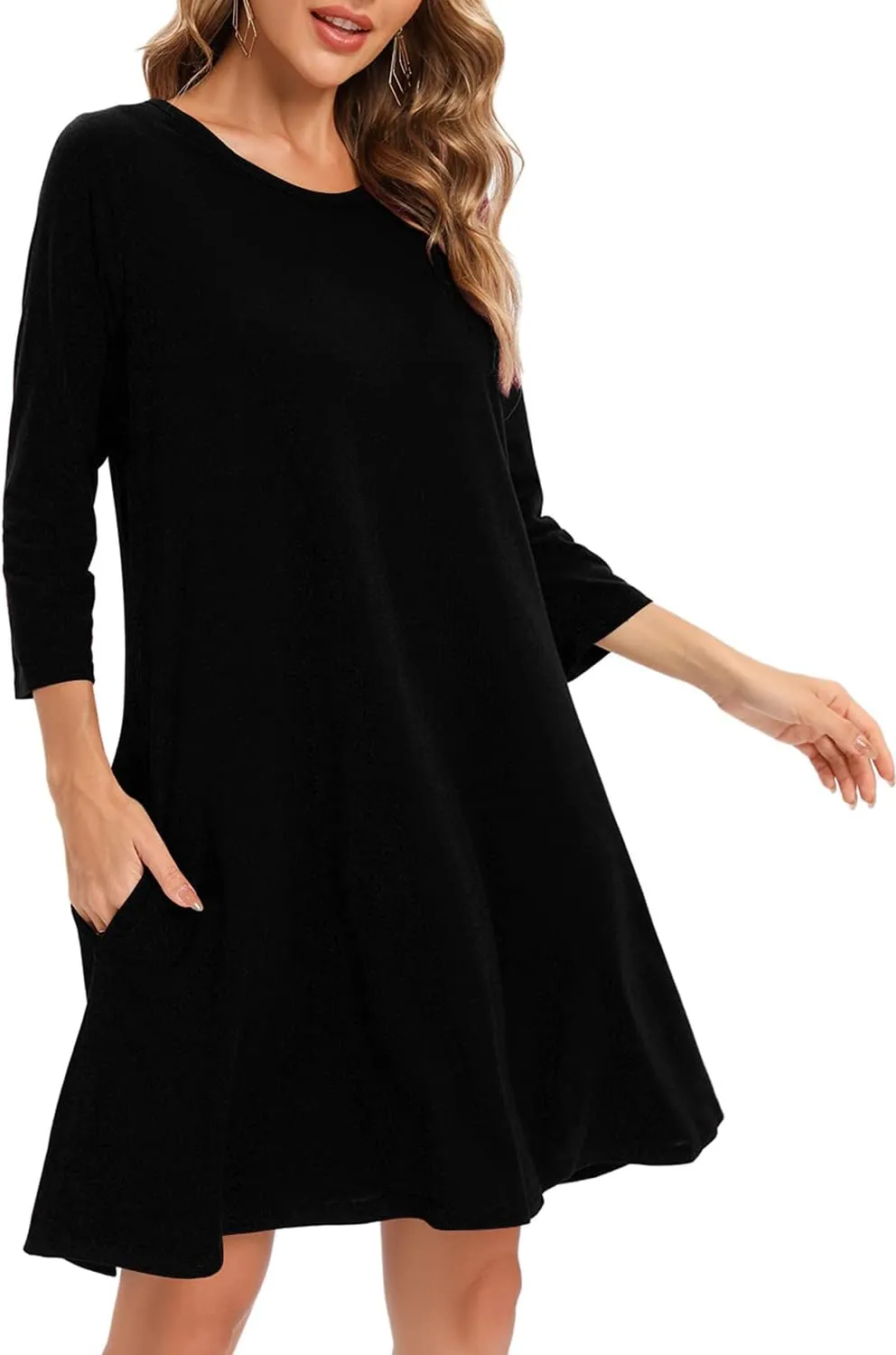Women's 3/4 Sleeve Damask Floral Printed Tunic Dress Bohemian Swing Casual Midi Dress With Pocket Tunic Blouses For Leggings
