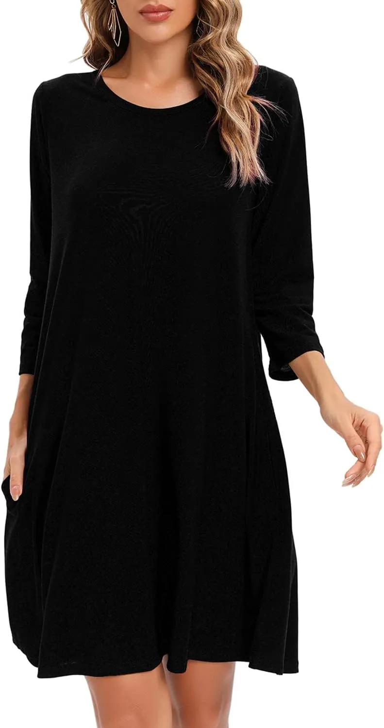 Women's 3/4 Sleeve Damask Floral Printed Tunic Dress Bohemian Swing Casual Midi Dress With Pocket Tunic Blouses For Leggings