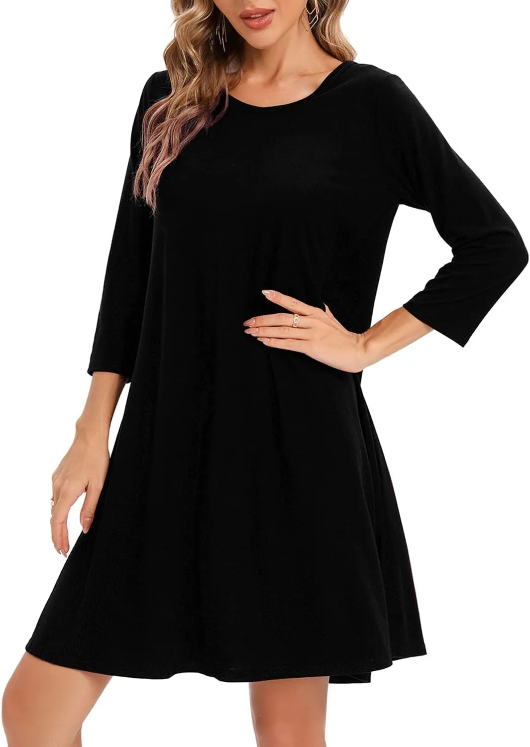 Women's 3/4 Sleeve Damask Floral Printed Tunic Dress Bohemian Swing Casual Midi Dress With Pocket Tunic Blouses For Leggings