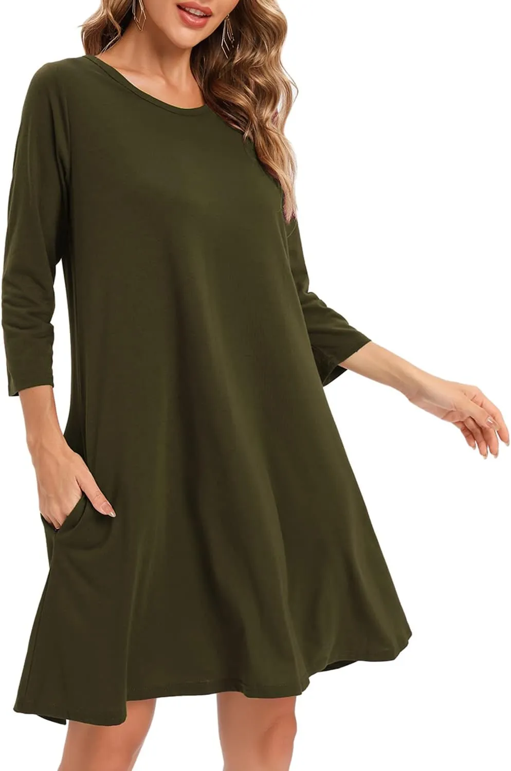 Women's 3/4 Sleeve Damask Floral Printed Tunic Dress Bohemian Swing Casual Midi Dress With Pocket Tunic Blouses For Leggings