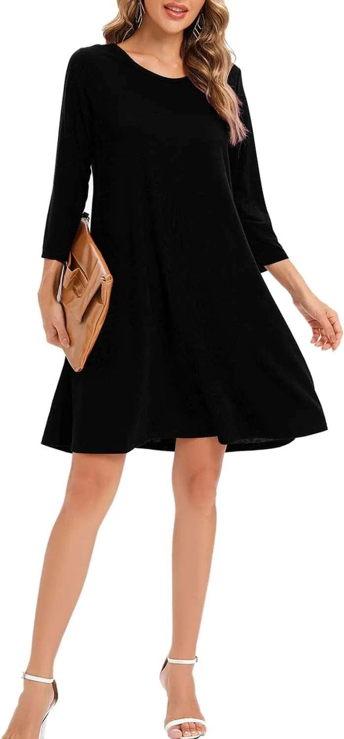 Women's 3/4 Sleeve Damask Floral Printed Tunic Dress Bohemian Swing Casual Midi Dress With Pocket Tunic Blouses For Leggings