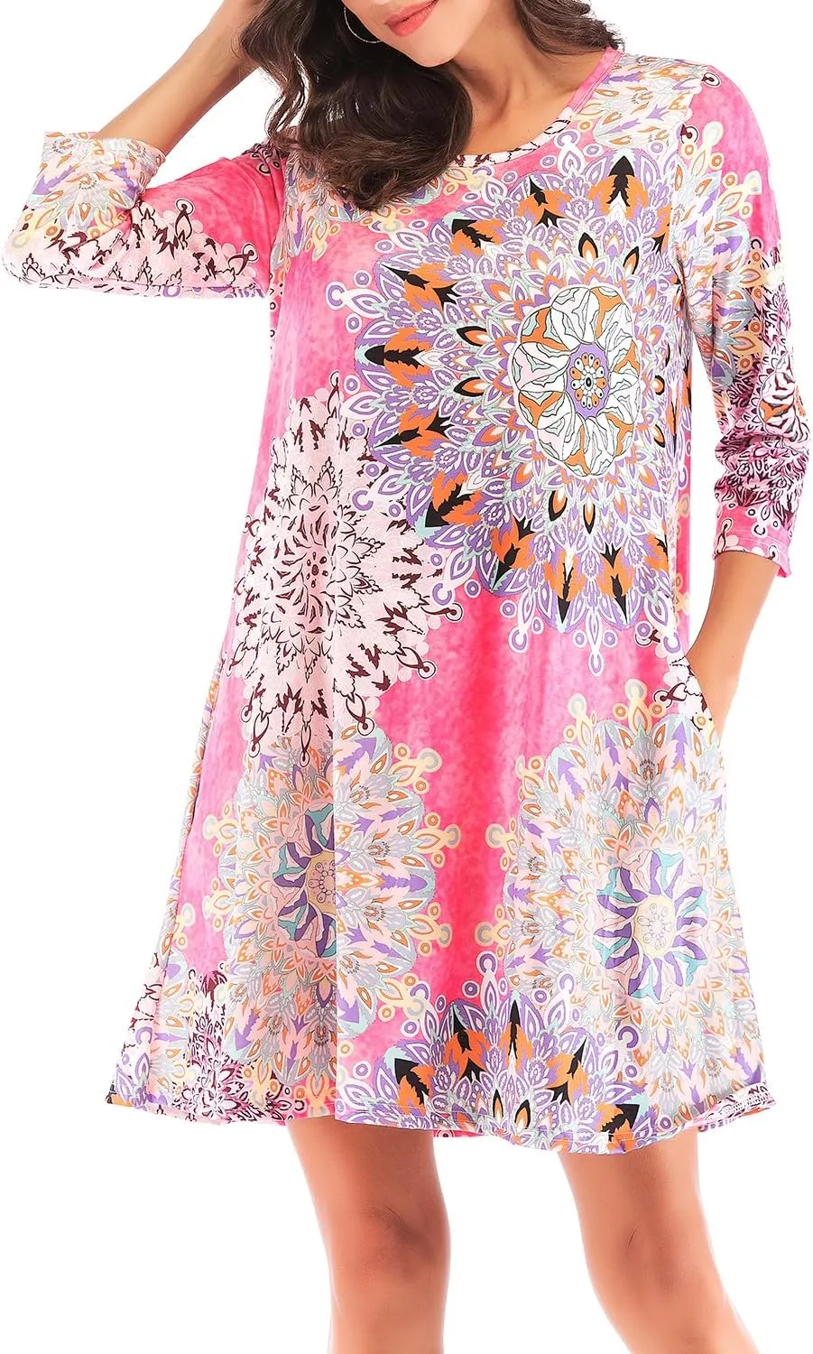 Women's 3/4 Sleeve Damask Floral Printed Tunic Dress Bohemian Swing Casual Midi Dress With Pocket Tunic Blouses For Leggings