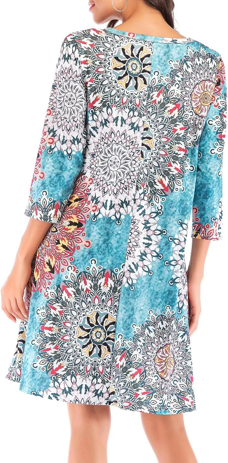 Women's 3/4 Sleeve Damask Floral Printed Tunic Dress Bohemian Swing Casual Midi Dress With Pocket Tunic Blouses For Leggings