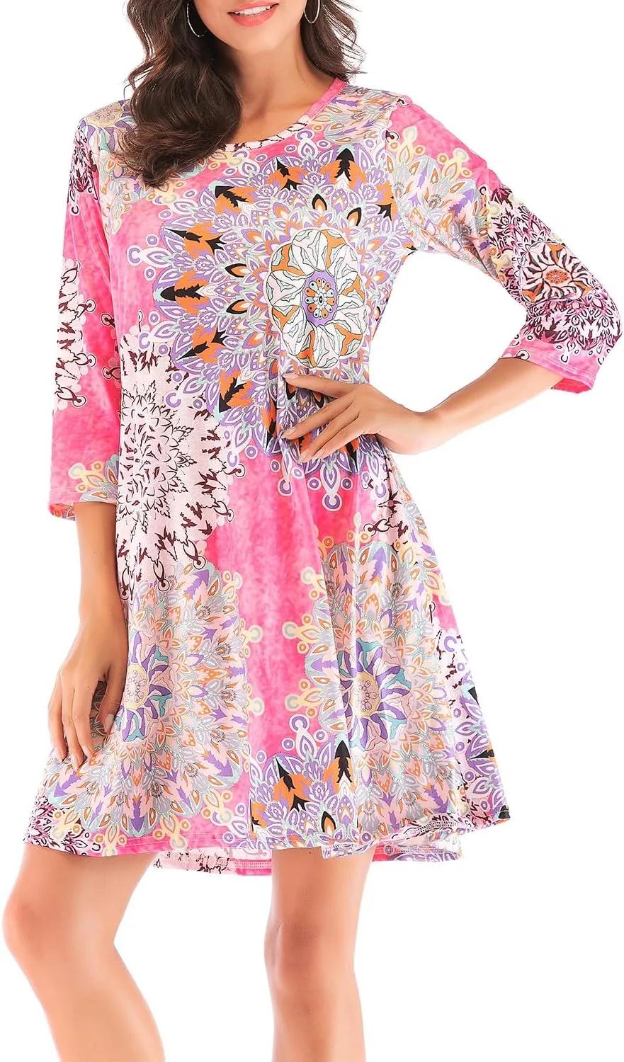 Women's 3/4 Sleeve Damask Floral Printed Tunic Dress Bohemian Swing Casual Midi Dress With Pocket Tunic Blouses For Leggings