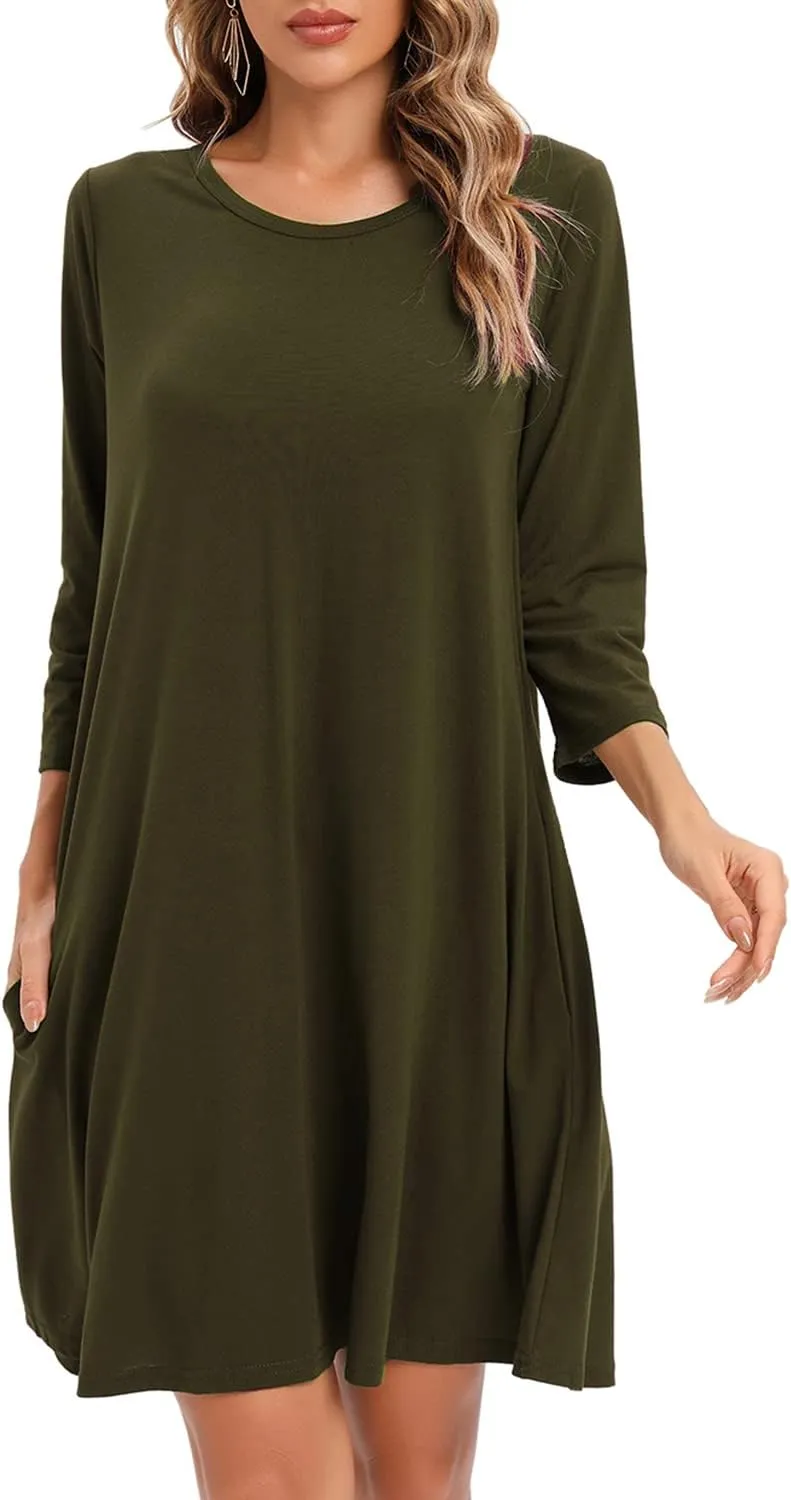 Women's 3/4 Sleeve Damask Floral Printed Tunic Dress Bohemian Swing Casual Midi Dress With Pocket Tunic Blouses For Leggings