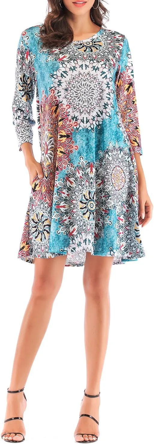 Women's 3/4 Sleeve Damask Floral Printed Tunic Dress Bohemian Swing Casual Midi Dress With Pocket Tunic Blouses For Leggings