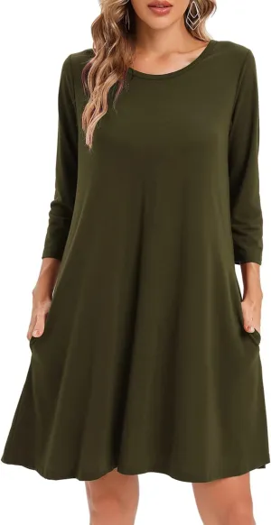 Women's 3/4 Sleeve Damask Floral Printed Tunic Dress Bohemian Swing Casual Midi Dress With Pocket Tunic Blouses For Leggings