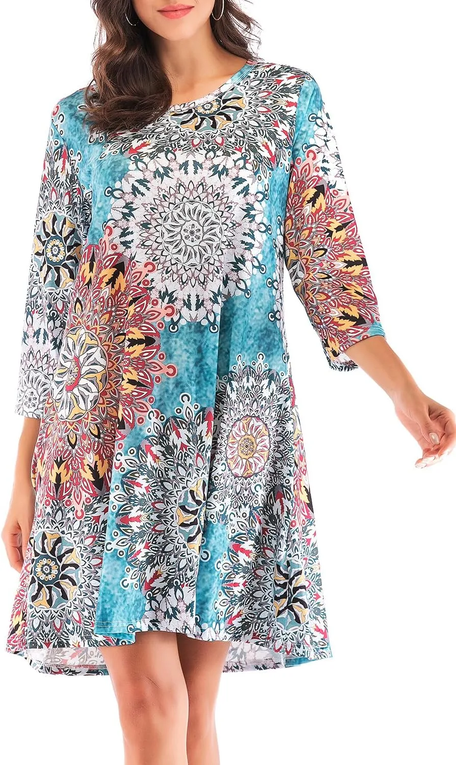 Women's 3/4 Sleeve Damask Floral Printed Tunic Dress Bohemian Swing Casual Midi Dress With Pocket Tunic Blouses For Leggings