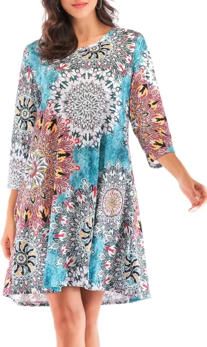 Women's 3/4 Sleeve Damask Floral Printed Tunic Dress Bohemian Swing Casual Midi Dress With Pocket Tunic Blouses For Leggings