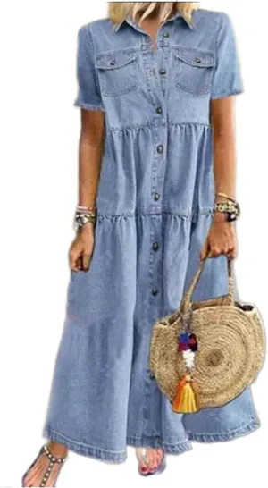 Womens Button Down Denim Shirt Dress Floral Printed Lapel Neck Short Sleeves Layered Jean Maxi Dress with Pockets