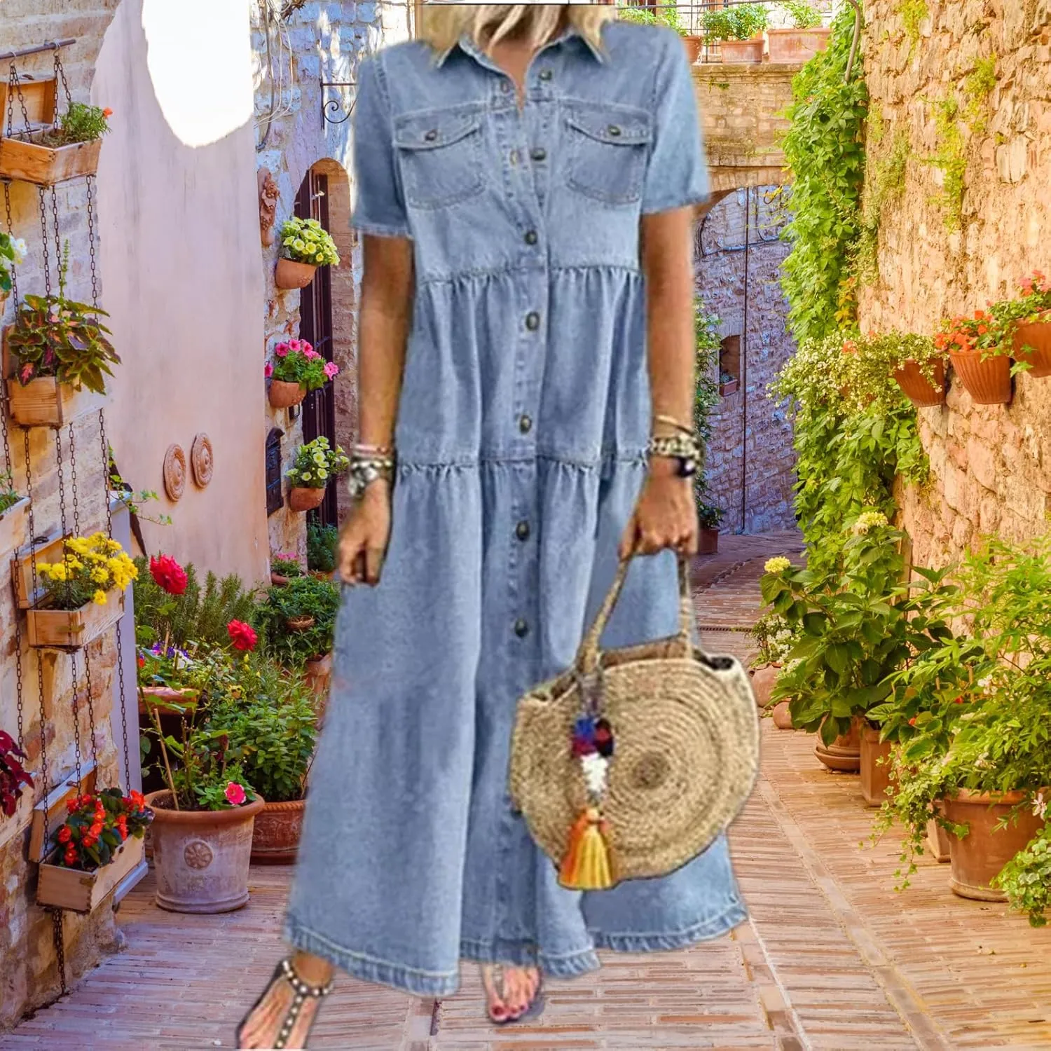 Womens Button Down Denim Shirt Dress Floral Printed Lapel Neck Short Sleeves Layered Jean Maxi Dress with Pockets