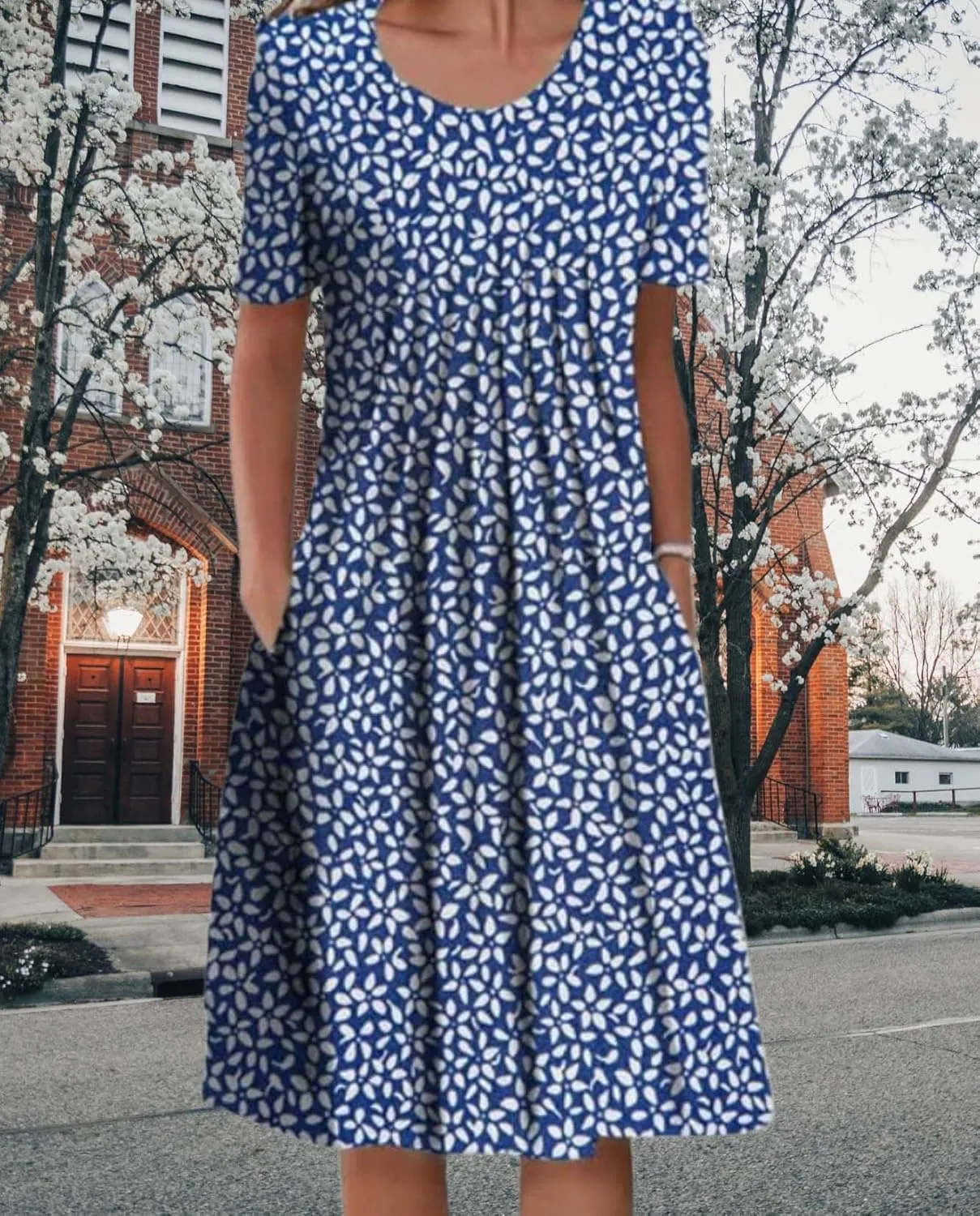 Womens Floral Print Summer Dresses Casual Plus Size Short Sleeve Knee Length Classy Beach Tropical Dress with Pocket