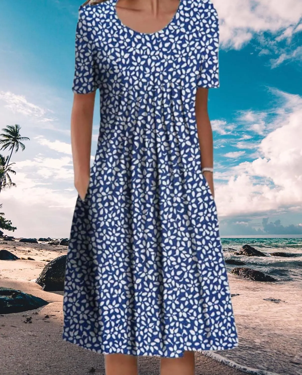 Womens Floral Print Summer Dresses Casual Plus Size Short Sleeve Knee Length Classy Beach Tropical Dress with Pocket