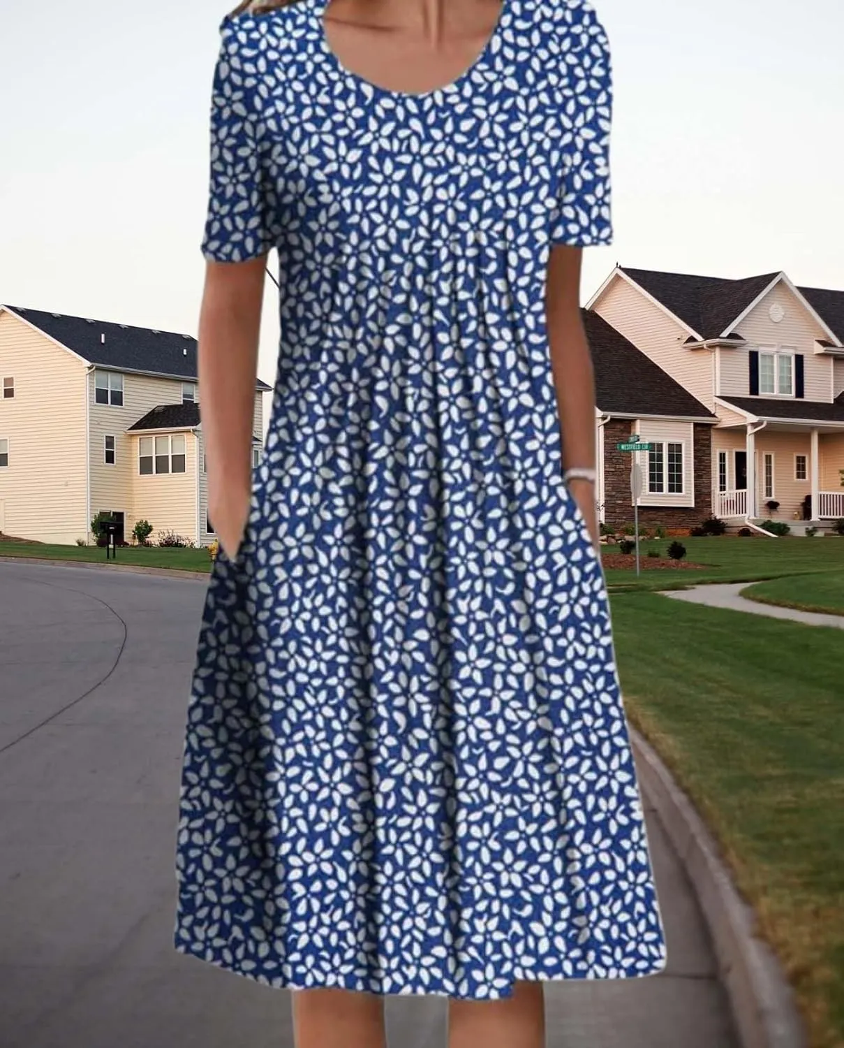 Womens Floral Print Summer Dresses Casual Plus Size Short Sleeve Knee Length Classy Beach Tropical Dress with Pocket