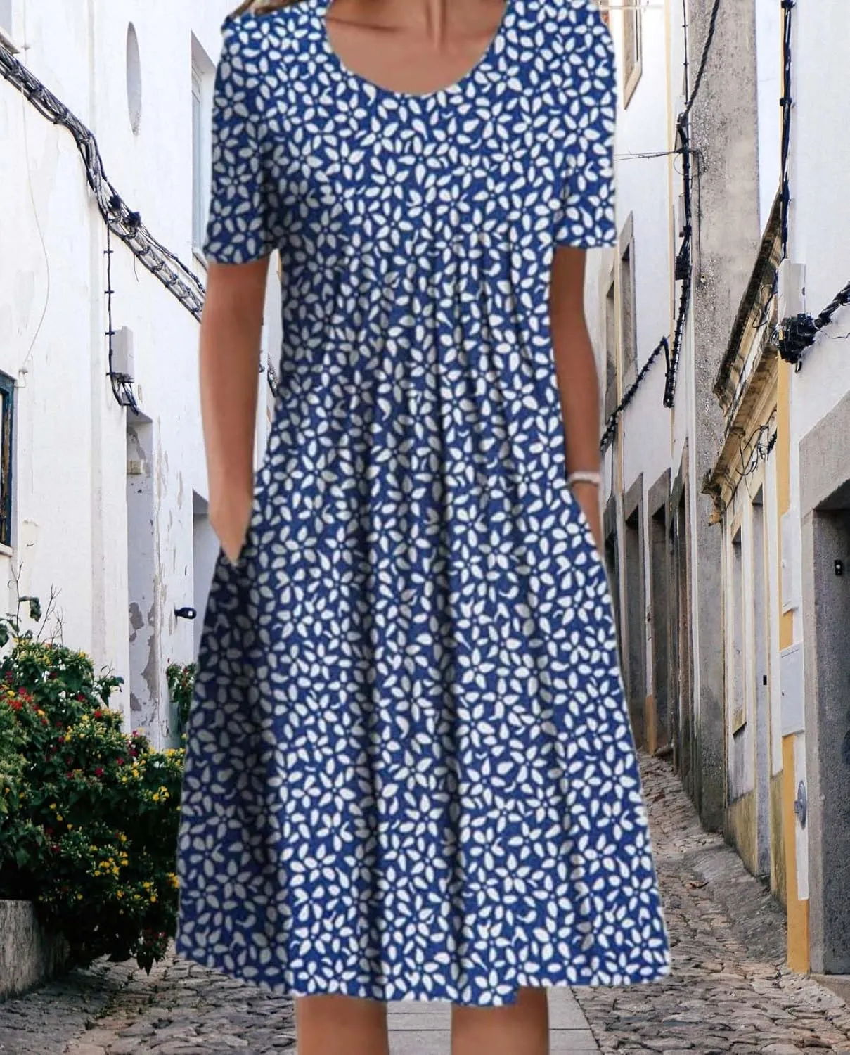 Womens Floral Print Summer Dresses Casual Plus Size Short Sleeve Knee Length Classy Beach Tropical Dress with Pocket
