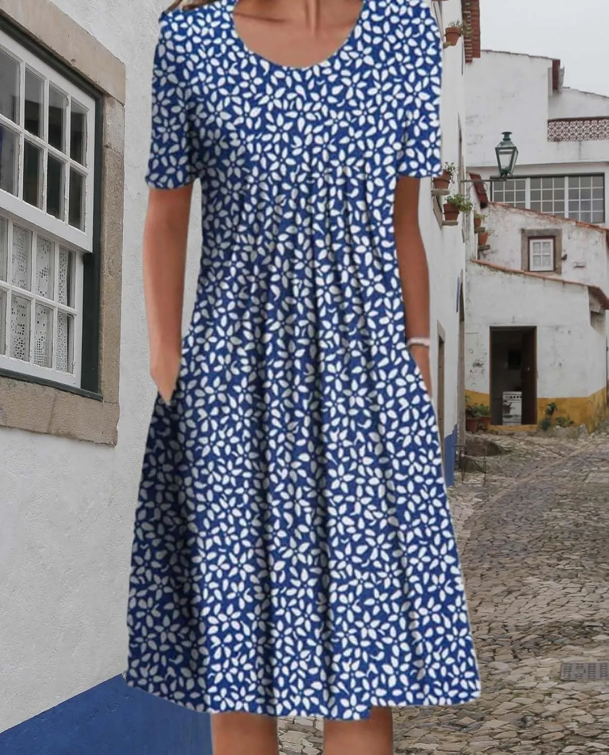 Womens Floral Print Summer Dresses Casual Plus Size Short Sleeve Knee Length Classy Beach Tropical Dress with Pocket