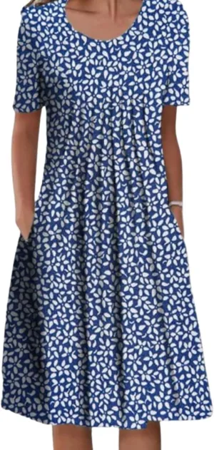 Womens Floral Print Summer Dresses Casual Plus Size Short Sleeve Knee Length Classy Beach Tropical Dress with Pocket